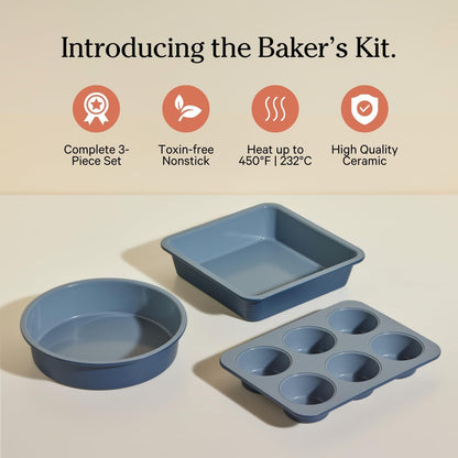 Our Place Wonder Oven Baker’s Kit – 3-Piece Toxin-Free Ceramic Nonstick Bakeware Set (20cm Round, 20cm Square, 6-Cup Muffin Pan) - Oven-Safe up to 232°C - Blue Salt