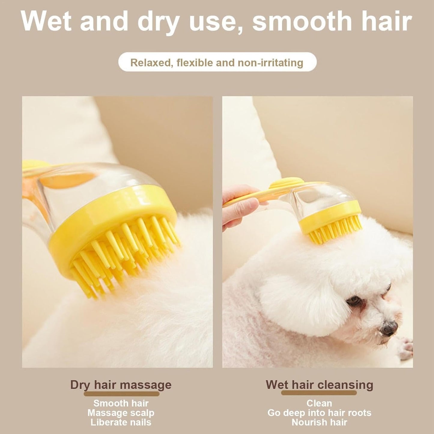 Dog Bath Brush - Soft Silicone Bristles Long Handle Puppy Bath Brush with Soap Dispenser,Multi-function Dog Shampoo Scrubber Pet Grooming Brush for Bathing