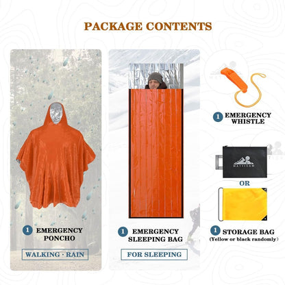MATTISAM Emergency Sleeping Bag with Hood & Emergency Rain Poncho [2PCS], Ultralight Waterproof Thermal Mylar Foil Space Blanket Survival for Hiking Backpacking Camping