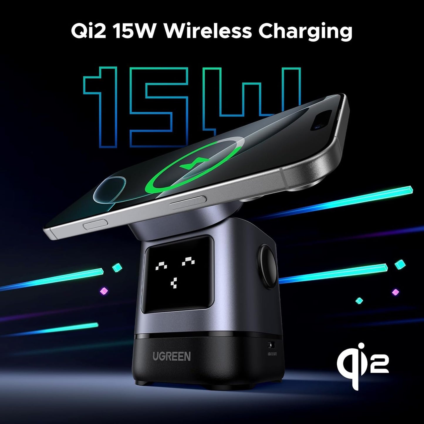 UGREEN Qi2 Wireless Charger, 15W Wireless Charger Stand, Uno Series, 2-in-1 Foldable Charging Station Compatible with iPhone 16/15/14/13/12 Series, AirPods 2/3/4/Pro (No AC Adapter)