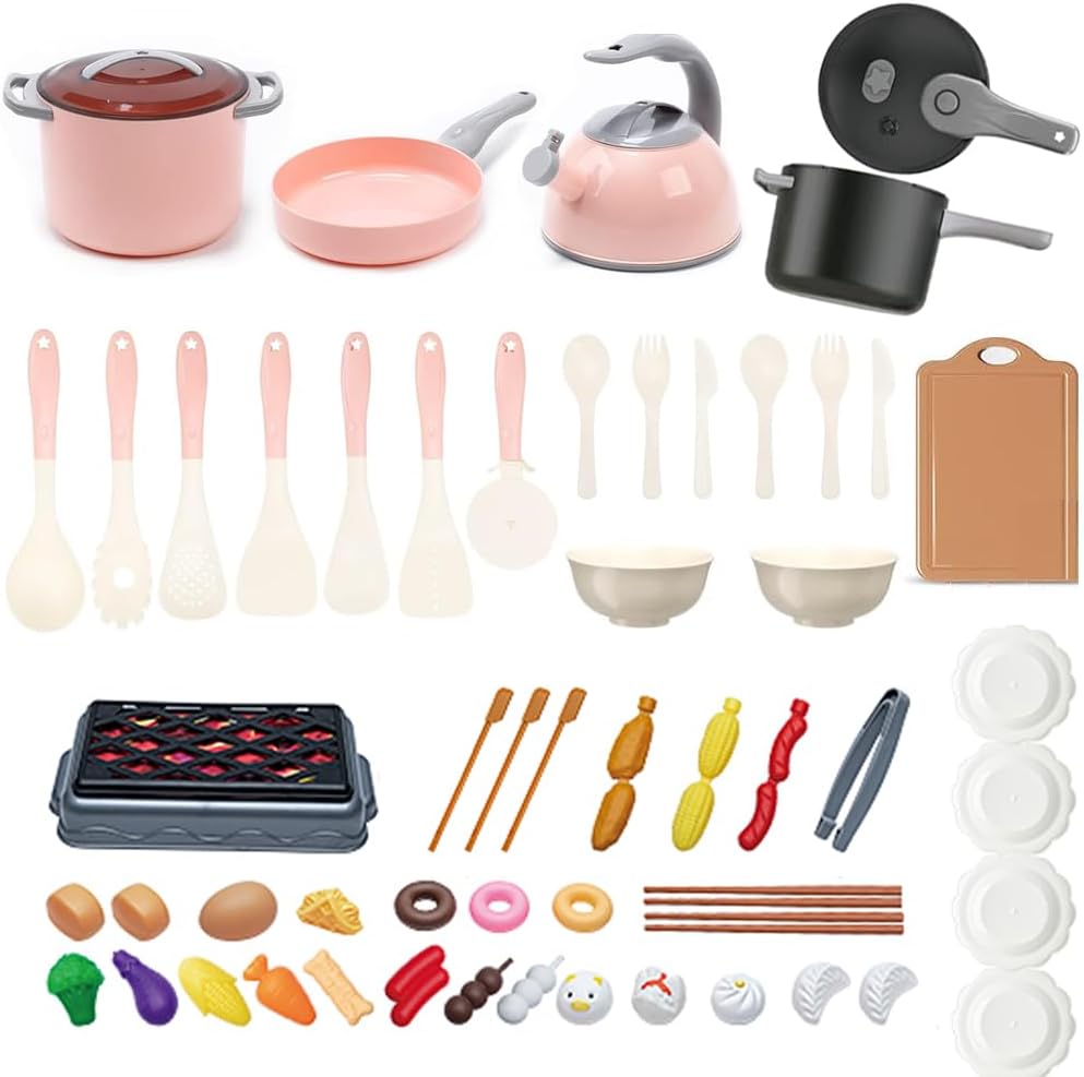 59PCS Mini Kids Kitchen Toy Accessories, Toddler Pretend Cooking Play set with Play Pots, Pans, Utensils Cookware Toys, Play Food Sets Kids Kitchen Cooking Playset, Learning Gift for Girls Boys