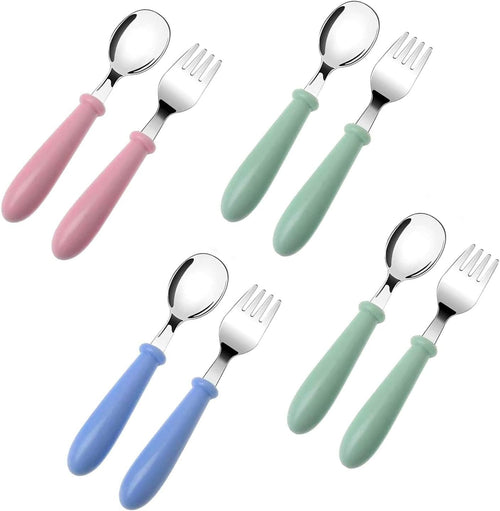 8 Pcs Toddler Spoons and Forks, Stainless Steel Toddler Utensils Kids Silverware Children's Safe Flatware Set Metal Cutlery Set with Round Handle, 4 x Safe Forks, 4 x Children Tablespoons