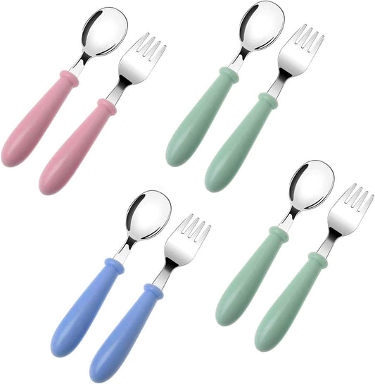 8 Pcs Toddler Spoons and Forks, Stainless Steel Toddler Utensils Kids Silverware Children's Safe Flatware Set Metal Cutlery Set with Round Handle, 4 x Safe Forks, 4 x Children Tablespoons