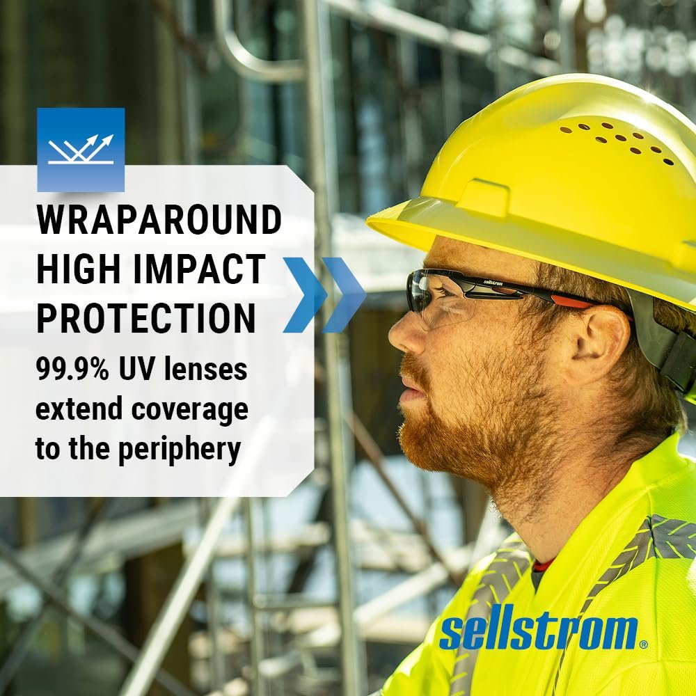 Sellstrom Sleek, Slip-Resistant, Anti-Fog Hard Coating Protective Eyewear Safety Glasses, Clear Lens, Co-Molded Temples, High Impact Optical Correct Wrap Style PC Lens, Soft Nose Piece (Qty 1), S72300