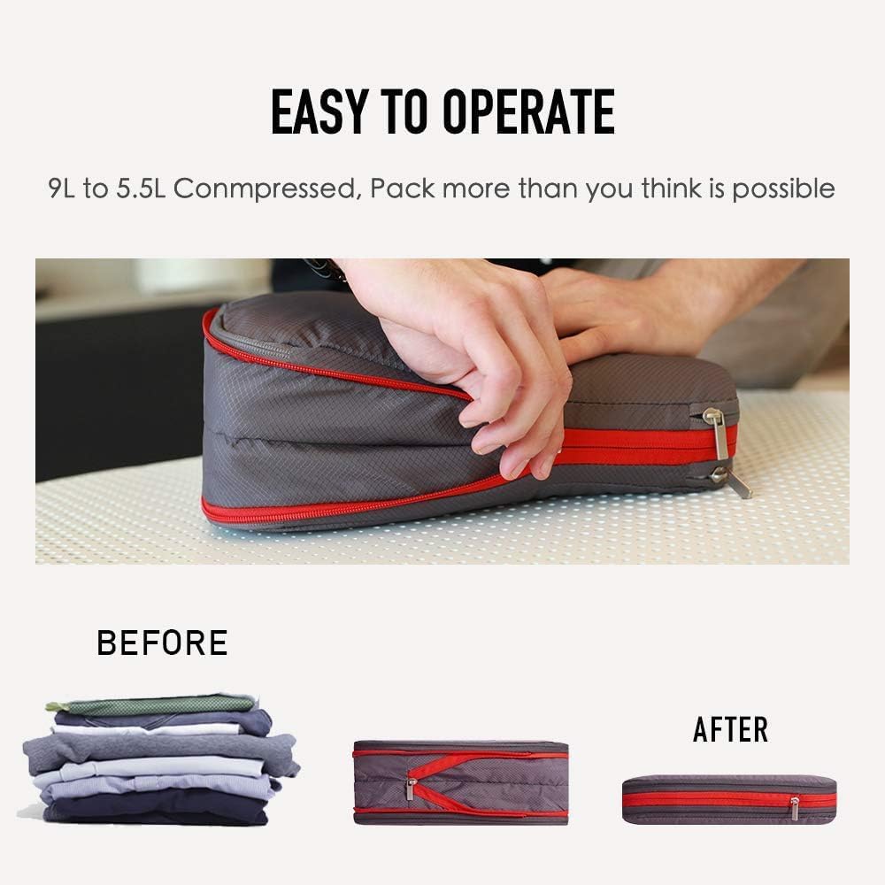 BeeNesting Waterproof Compression Packing Cubes 2 Set for Carry On, Slim, Double-Sided Backpacking Organizer Bags Travel Accessories 2PCS, 4L/9L, Dark Green