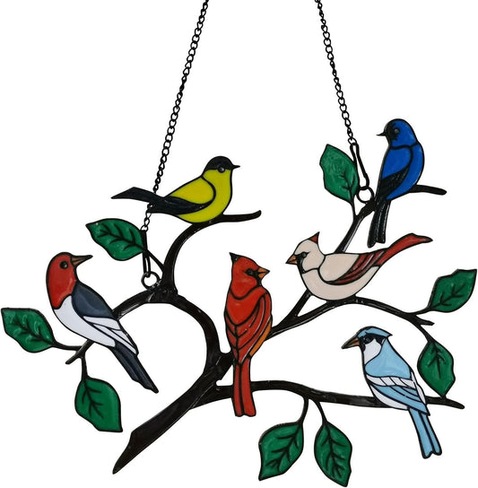 Six Birds Cardinal Stained Metal Window Hangings, Metal Multicolor Bird On A Wire Window Panel Decor Series Ornament Home Wall Garden Decoration Bird Love Gifts