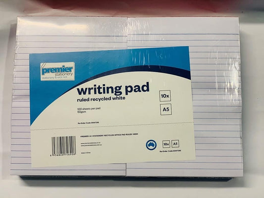 Premier Stationery A5 Ruled Writing Pad Notebook - Recycled 50 GSM Paper Notepad for Notes, Appointments & Lectures, Legal Pad Notebook 100 Sheets with Cardboard Backing, Glue-Top Easy Sheet Removal