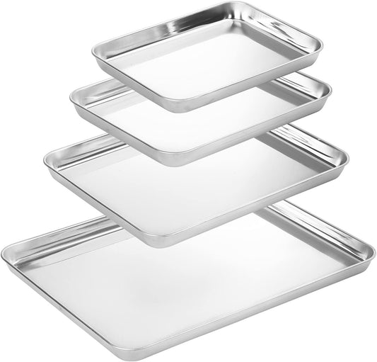 Suwimut Baking Sheet Set of 4, Heavy Duty Stainless Steel Baking Pans Tray Cookie Sheet, Toaster Oven Tray Pans Half Sheet Pan for Baking, Non Toxic, Easy Clean and Dishwasher Safe