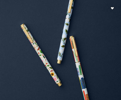 RIFLE PAPER CO. Hydrangea Writing Pen, 5.375" L, 0.5 mm Rollerball Tip, Stainless Steel Body with Brass Accents, Office and School Supplies for Stationery, Notes, and Art