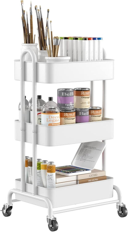 Ceayell 3-Tier Metal Rolling Storage Cart Heavy Duty Utility Cart Organizer with Lockable Wheels (WHT)