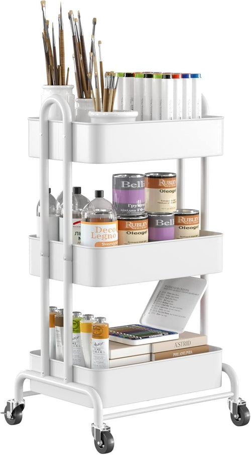 Ceayell 3-Tier Metal Rolling Storage Cart Heavy Duty Utility Cart Organizer with Lockable Wheels (WHT)