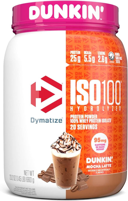 Dymatize ISO100 Hydrolyzed Protein Powder in Dunkin' Mocha Latte Flavor, 100% Whey Isolate Protein, 25g Protein, 95mg Caffeine, 5.5g BCAAs, Gluten Free, Fast Absorbing, Easy Digesting, 20 Servings