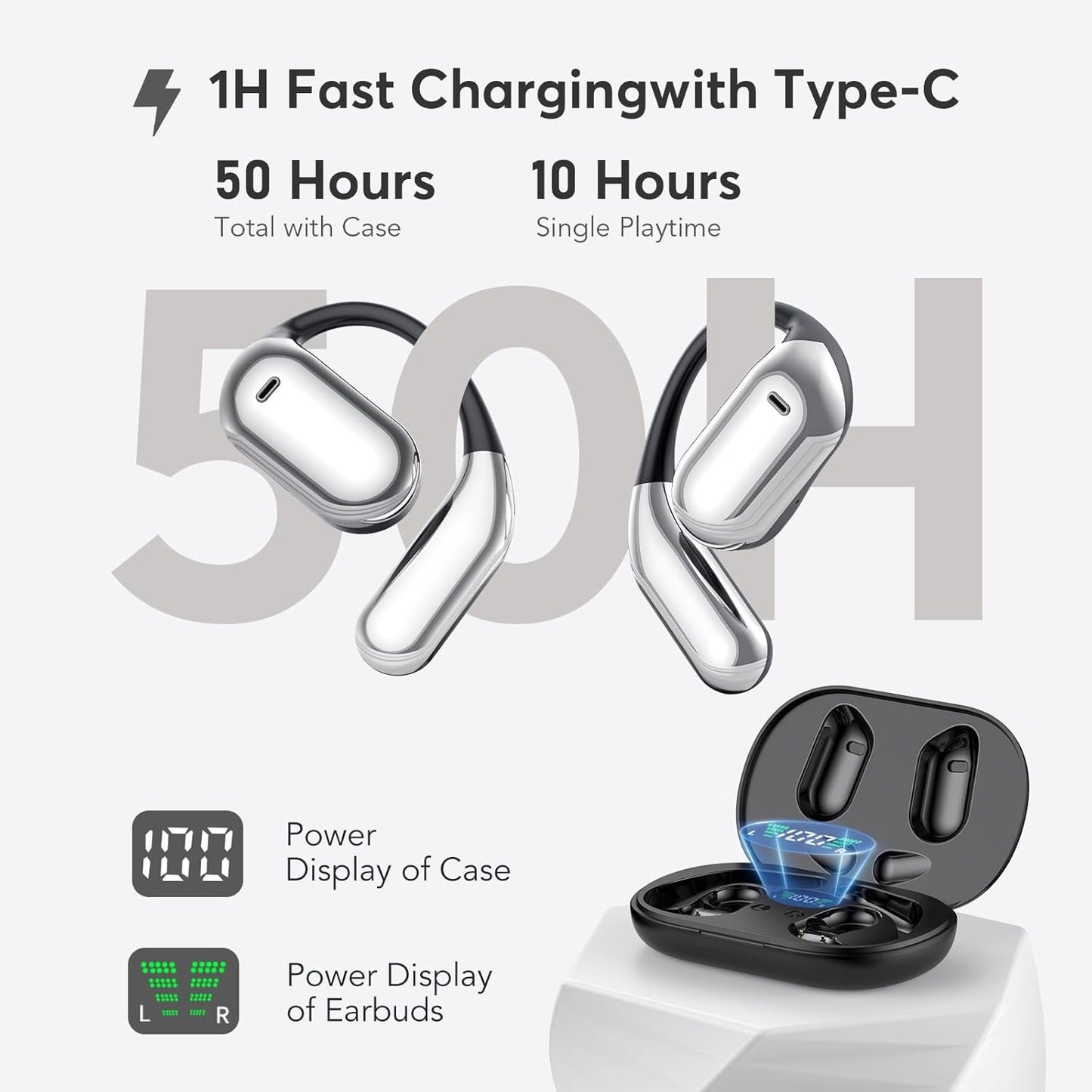 Open Ear Bluetooth Headphones 5.4 Ear Clip Wireless Earbuds with 4 HD Mics and 50 Hours Playtime Dual LED Display Charging Case Sports Ear Buds for Running/Workout, 2025 New Bone Conduction Headphones
