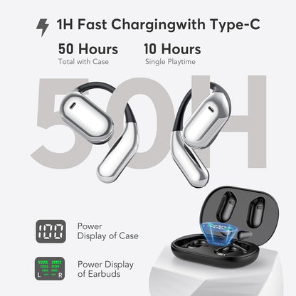 Open Ear Bluetooth Headphones 5.4 Ear Clip Wireless Earbuds with 4 HD Mics and 50 Hours Playtime Dual LED Display Charging Case Sports Ear Buds for Running/Workout, 2025 New Bone Conduction Headphones