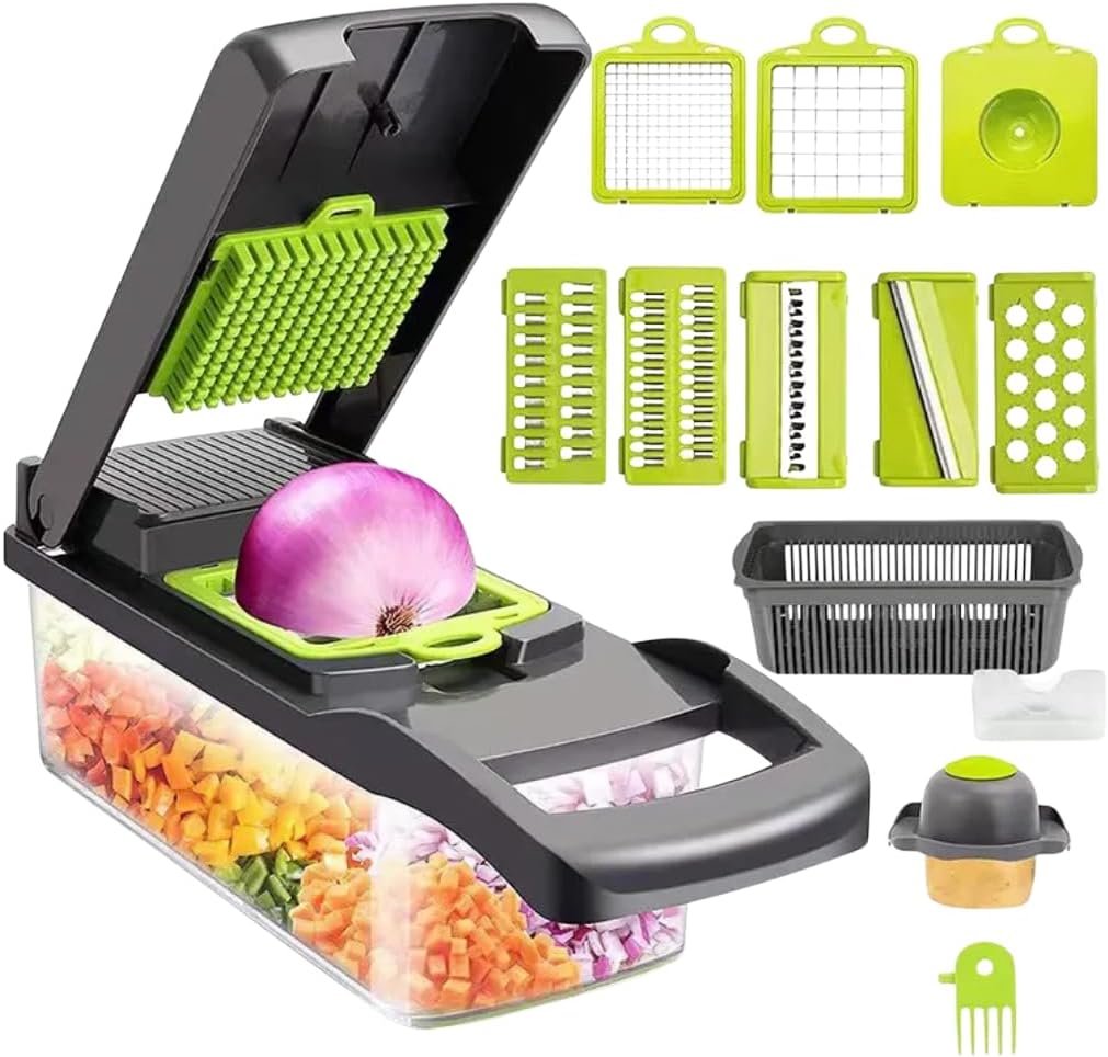 Hovello Vegetable Chopper 16 in 1 - Cutter Mandoline Slicer Cheese Grater - Food Onion Salad Veggie Chopper with Container - French Fry Potato Dicer Slicer Cutter - Kitchen Tools Gadgets