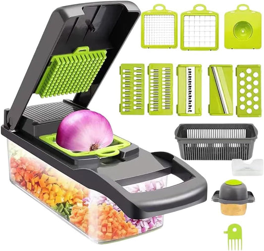 Hovello Vegetable Chopper 16 in 1 - Cutter Mandoline Slicer Cheese Grater - Food Onion Salad Veggie Chopper with Container - French Fry Potato Dicer Slicer Cutter - Kitchen Tools Gadgets