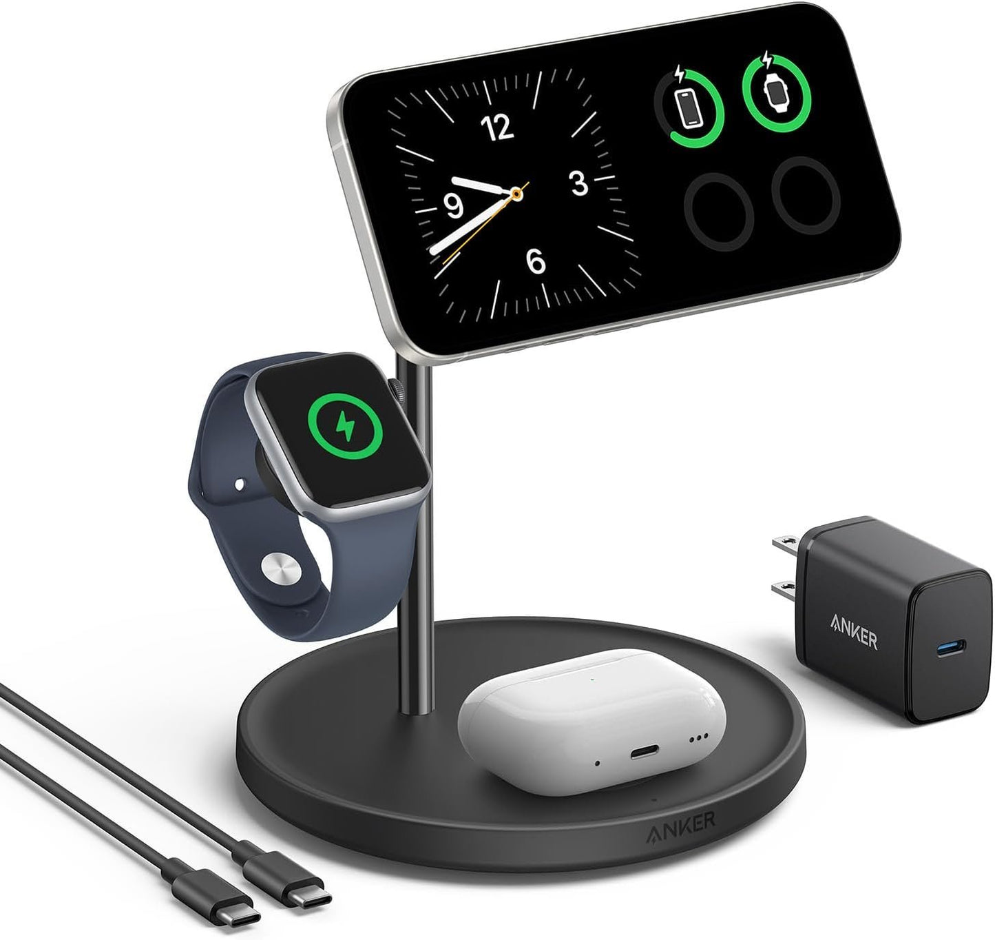 Anker MagSafe-Compatible iPhone 16 Wireless Charging Stand, MagGo 3-in-1 Wireless Charging Station, Qi2 Certified 15W Wireless Charger, Desk Accessory, for iPhone 16/15/14/13/12, Apple Watch, AirPods