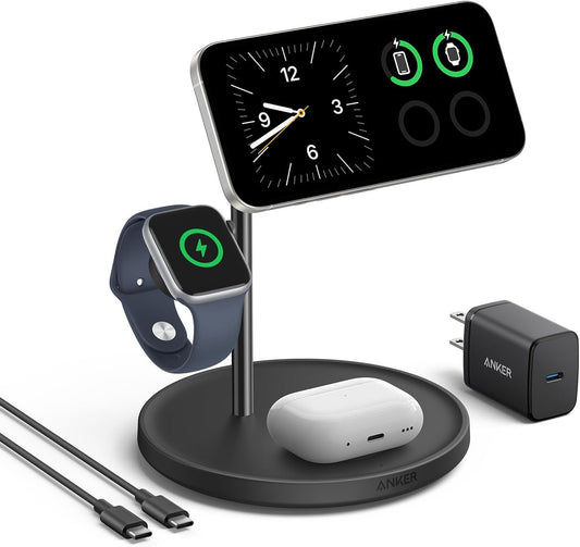 Anker MagSafe-Compatible iPhone 16 Wireless Charging Stand, MagGo 3-in-1 Wireless Charging Station, Qi2 Certified 15W Wireless Charger, Desk Accessory, for iPhone 16/15/14/13/12, Apple Watch, AirPods
