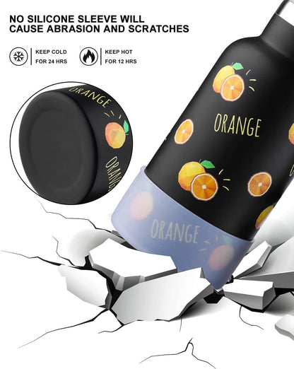 Sivaphe 12 oz Insulated Kids Water Bottle with Straw Lids, Stainless Steel Thermal Children Drinking Cup for School Girls Boys Students Orange Fruit 3D Printed