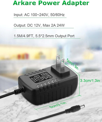 Arkare 12V Power Supply 2A AC/DC Adapter 12Volt Wall Charger Replacement Power Cord AC 100V-240V to DC 12Volt 2A 1.5A 1A Converter for Security Camera BT Speaker GPS Webcam Router Scanner with 10TIPS