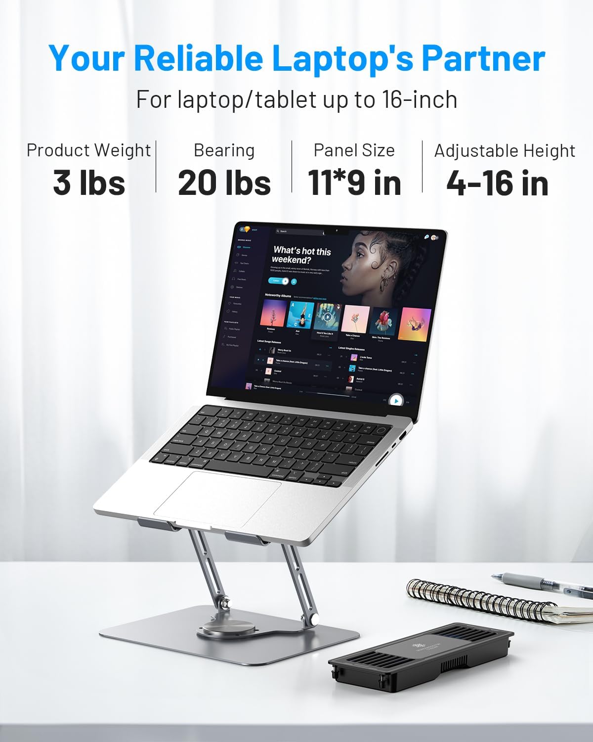 METFUT Laptop Cooling Stand with Detachable Thermoelectric Cooler, Adjustable Height & Angle, 360 Rotation Base, Carbon Steel Framework, Ultra-Quiet & Super Sturdy for up to 16” Laptop (Grey)