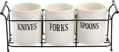 Bekith 3-Piece White Ceramic Silverware Caddy with Black Metal Rack, Utensil Holder Flatware Caddy Cutlery Storage Organizer for Kitchen Table, Cabinet or Pantry