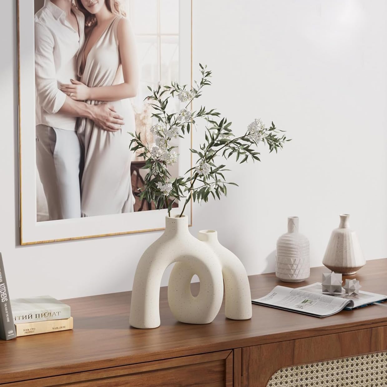 Beige Rough Texture Ceramic Vase, Decorative Arch Design, Flower Vase for Living Room Home Decor