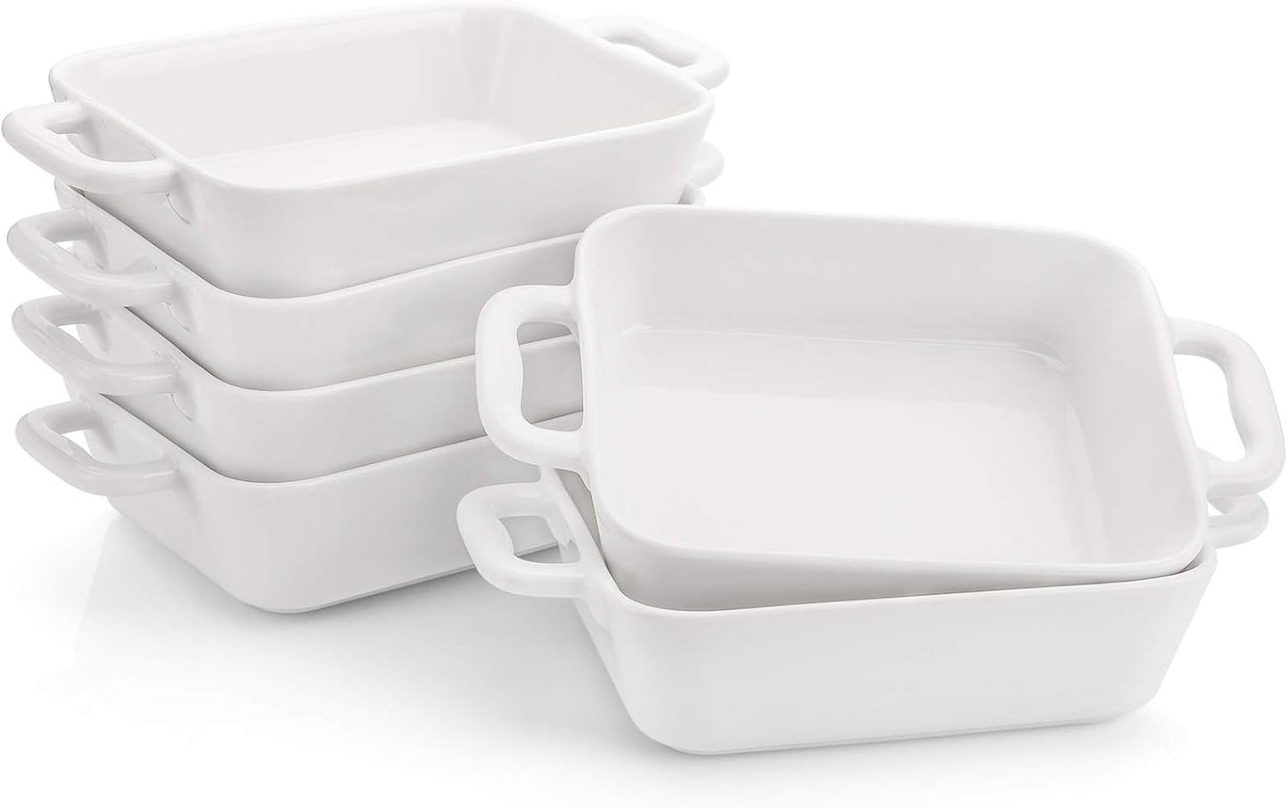 Foraineam 6 Pieces Bakeware Set, White Porcelain Souffle Dishes Creme Brulee Ramekins, 6-1/4 x 4-3/4 inch Rectangular Baking Pans with Double Handles