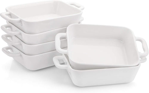 Foraineam 6 Pieces Bakeware Set, White Porcelain Souffle Dishes Creme Brulee Ramekins, 6-1/4 x 4-3/4 inch Rectangular Baking Pans with Double Handles