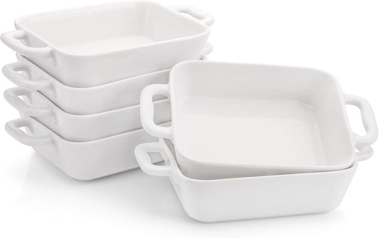 Foraineam 6 Pieces Bakeware Set, White Porcelain Souffle Dishes Creme Brulee Ramekins, 6-1/4 x 4-3/4 inch Rectangular Baking Pans with Double Handles