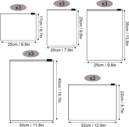 Annhao 15 Pieces Waterproof Travel Bags, Transparent Resealable Zip Bag Multifunctional Travel Bag Organizer Bags for Clothes, Underwear, Shoes, Cosmetics (5 Sizes)