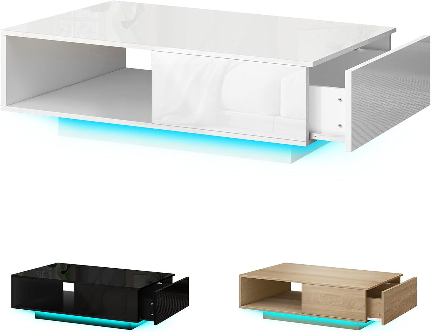 ALFORDSON LED Coffee Table with Sliding Drawer and Open Shelf, Spacious Tabletop Dining Table for Living Room Office Reception, Center Table with RGB Light, White