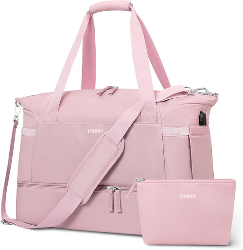 Gym Bag for Women, Sports Travel Duffel Bag with USB Charging Port, Weekender Overnight Bag with Wet Pocket and Shoes Compartment for Women Travel, Gym, Yoga, (Pink)