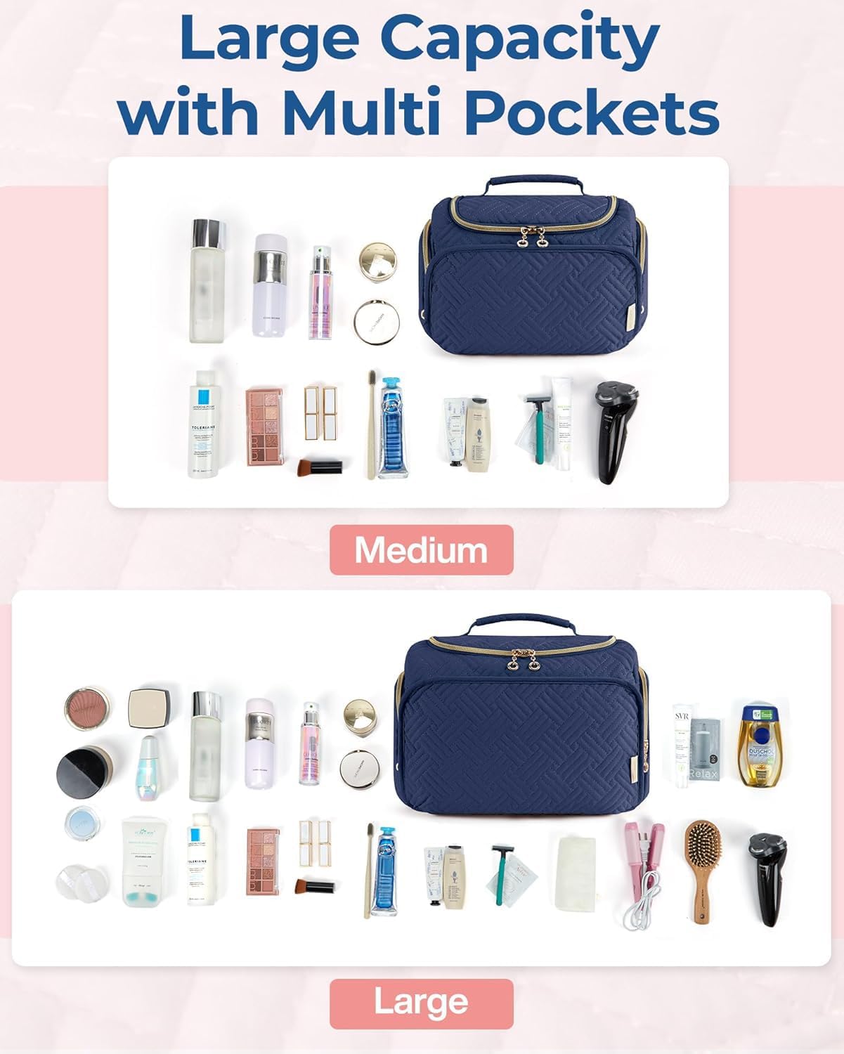 bagsmart Travel Toiletry Bag for Women, Cosmetic Bag Makeup Bag Organizer with Handle, Travel Bag for Toiletries, Travel Accessories, Full Sized Container, Navy, Large, Fashion