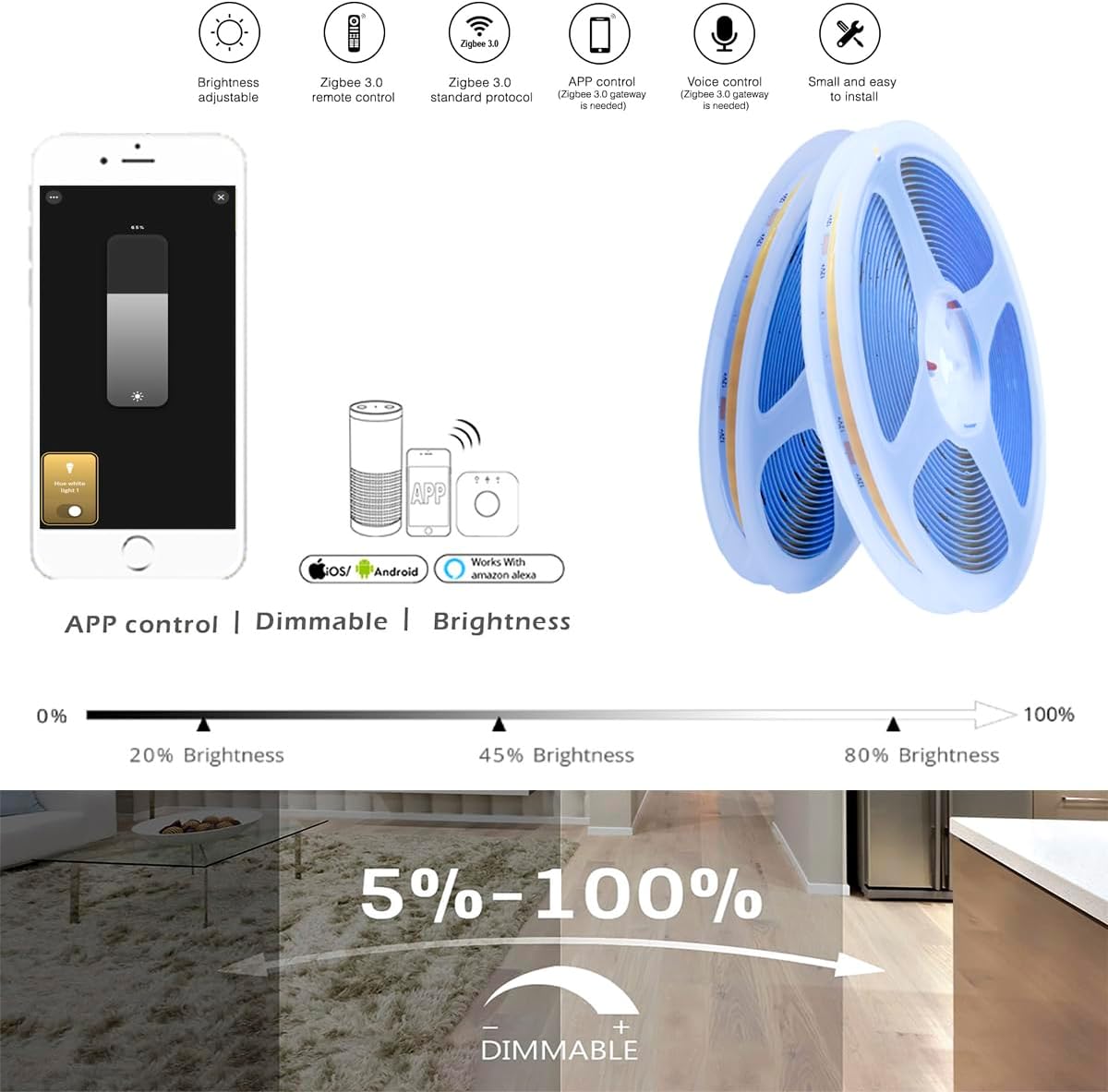 YSRSAI ZigBee COB LED Strip Smart Dimmable Kit for Working with ZigBee 3.0 HuB Bridge, Tuya, Z2MQTT, Echo Plus for APP/Alexa Voice Control Light Strips Ambiance Lighting... (Cool White