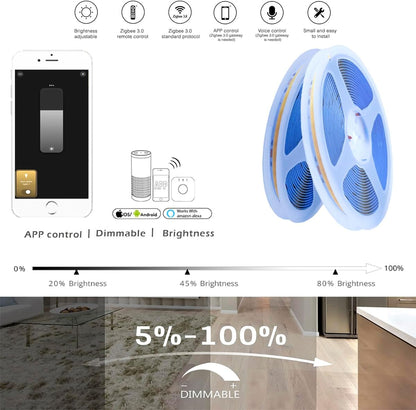YSRSAI ZigBee COB LED Strip Smart Dimmable Kit for Working with ZigBee 3.0 HuB Bridge, Tuya, Z2MQTT, Echo Plus for APP/Alexa Voice Control Light Strips Ambiance Lighting... (Cool White