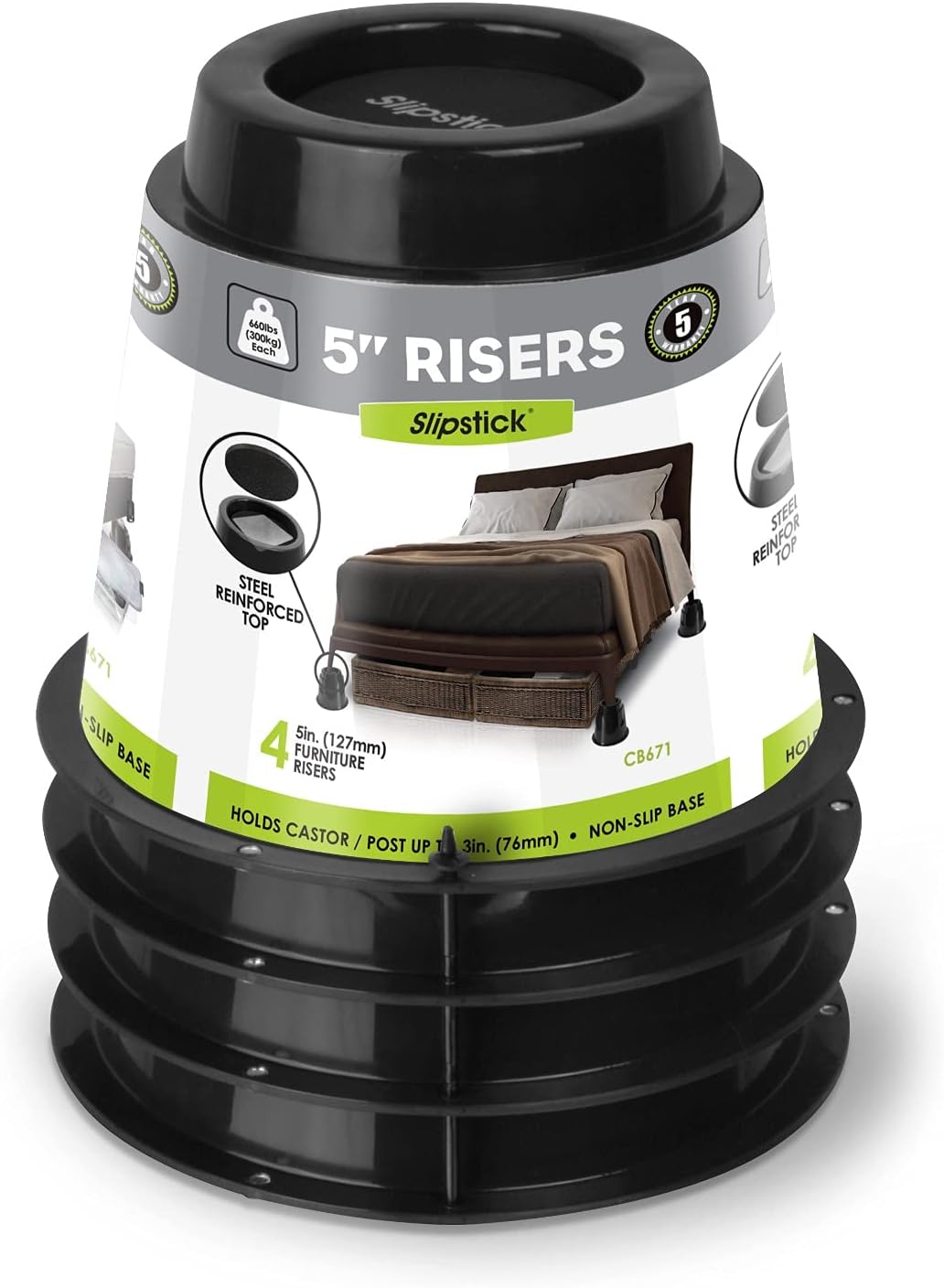 Slipstick CB671 5 Inch Bed Risers/Furniture Raisers with Steel Reinforced Holder Top, Lifts Height 5" (4 Pack) Supports 2,640 Pounds, Round, Black, Stackable with CB674 & CB672
