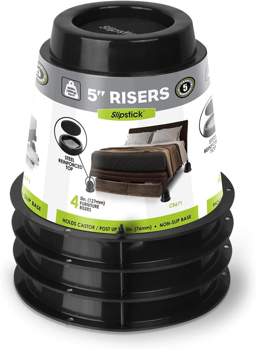 Slipstick CB671 5 Inch Bed Risers/Furniture Raisers with Steel Reinforced Holder Top, Lifts Height 5" (4 Pack) Supports 2,640 Pounds, Round, Black, Stackable with CB674 & CB672