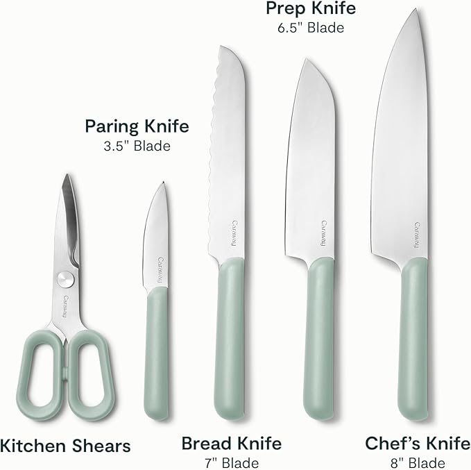 Caraway 14-Piece Kitchen Prep Set - Kitchen Knife Set & Wooden Utensil Set - Made With Premium German Steel Blades & FSC-Certified Birch Wood - Non-Toxic Materials - Includes Organizer - Mist