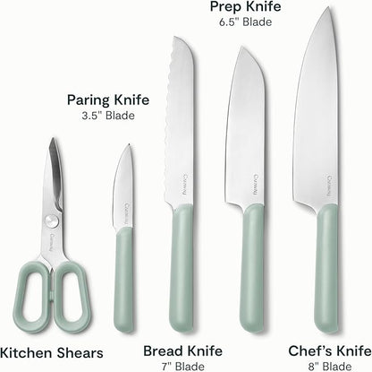 Caraway 14-Piece Kitchen Prep Set - Kitchen Knife Set & Wooden Utensil Set - Made With Premium German Steel Blades & FSC-Certified Birch Wood - Non-Toxic Materials - Includes Organizer - Mist