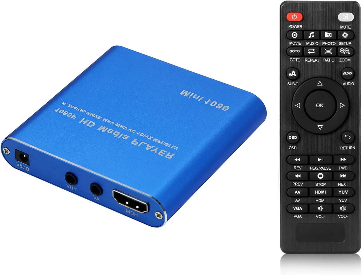 Mini HDMI-Compatible Media Player 1920x1080P Full HD Media USB Digital HDD Player SD/MMC Card with Remote Controller,Blue