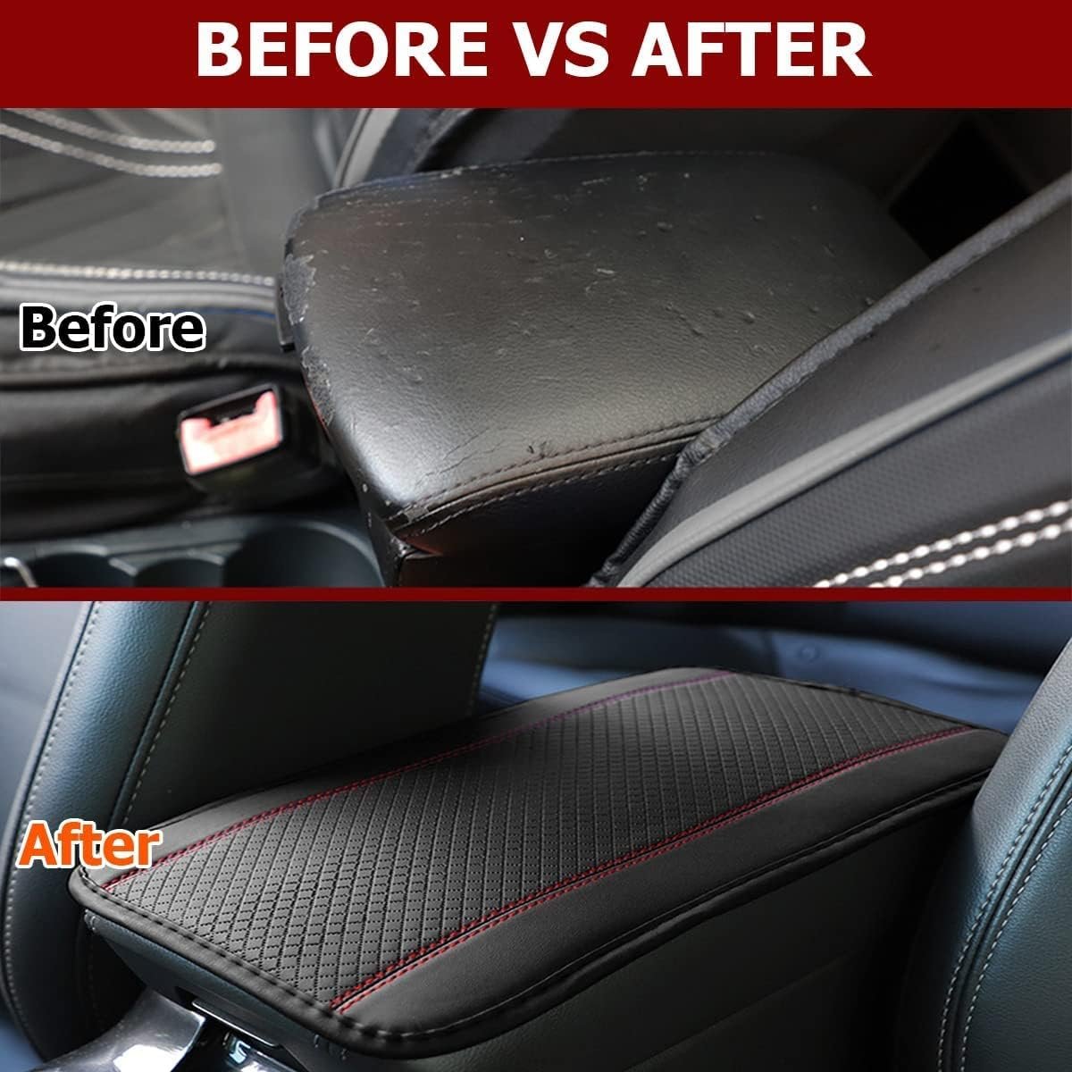 Car Armrest Storage Box Mat, Fiber Leather Car Center Console Cover, Car Armrest Seat Box Cover Accessories Interior Protection for Most Vehicle, SUV, Truck, Car (Black/Red)
