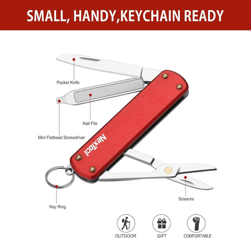 NexTool Keychain Knife, 5 in 1 Mini Multitool Key Chians, Small Pocket Knife with Key Ring, Scissors, Screwdrivers and Nail File, Cool Gadget Gifts for Men Women Dad Boyfriend Everyday Carry (Red)