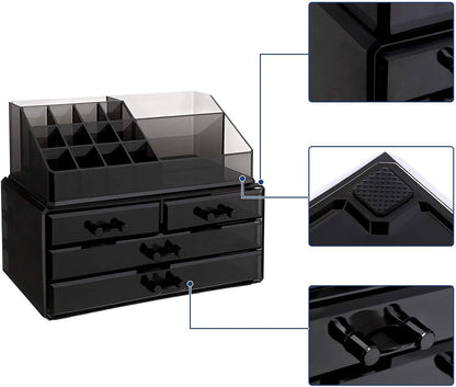 SONGMICS Makeup Organizer Makeup Organizer Stackable Acrylic Cosmetic Organizer with 4 Drawers for Eyeshadow Brushes Lipstick Nail Polish Gift Black JKA007BK