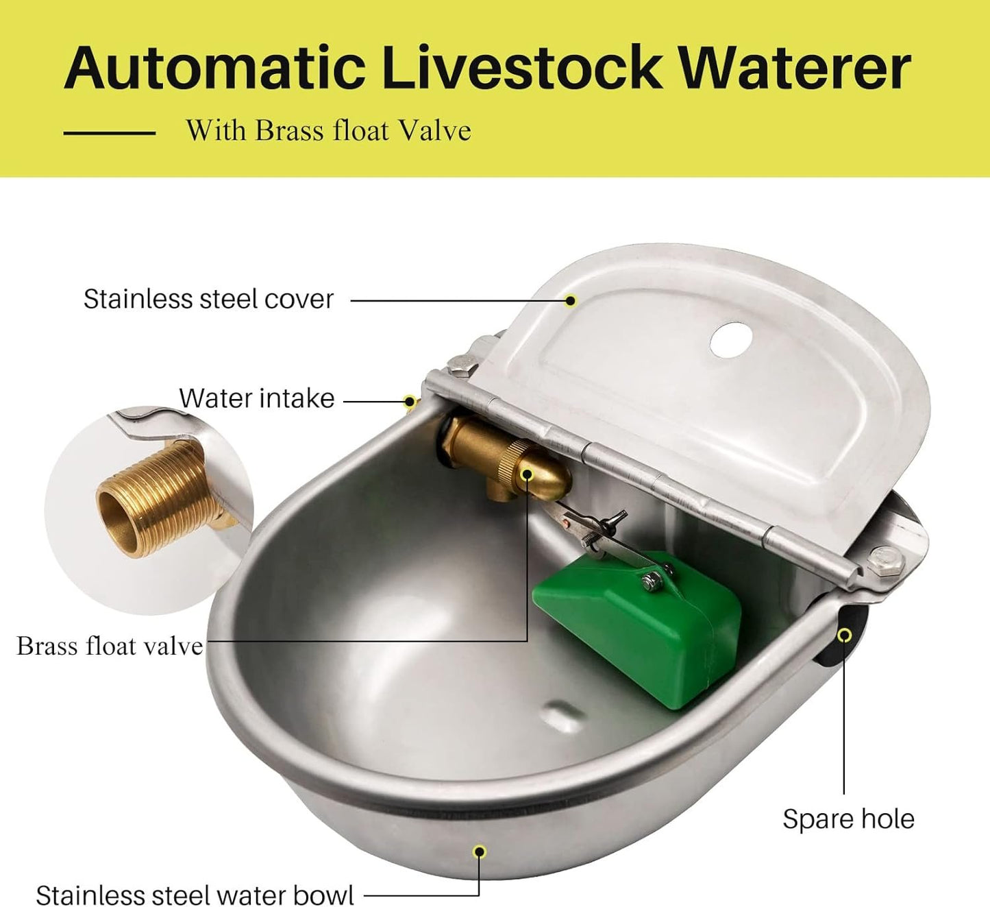 Automatic Water Dispenser for Dogs,304 Stainless Steel Automatic Chicken Waterer,Outdoor Dog Water Bowl with Brass Float Valve,Water Feeder for Livestock Poultry Duck Horse Goat Sheep