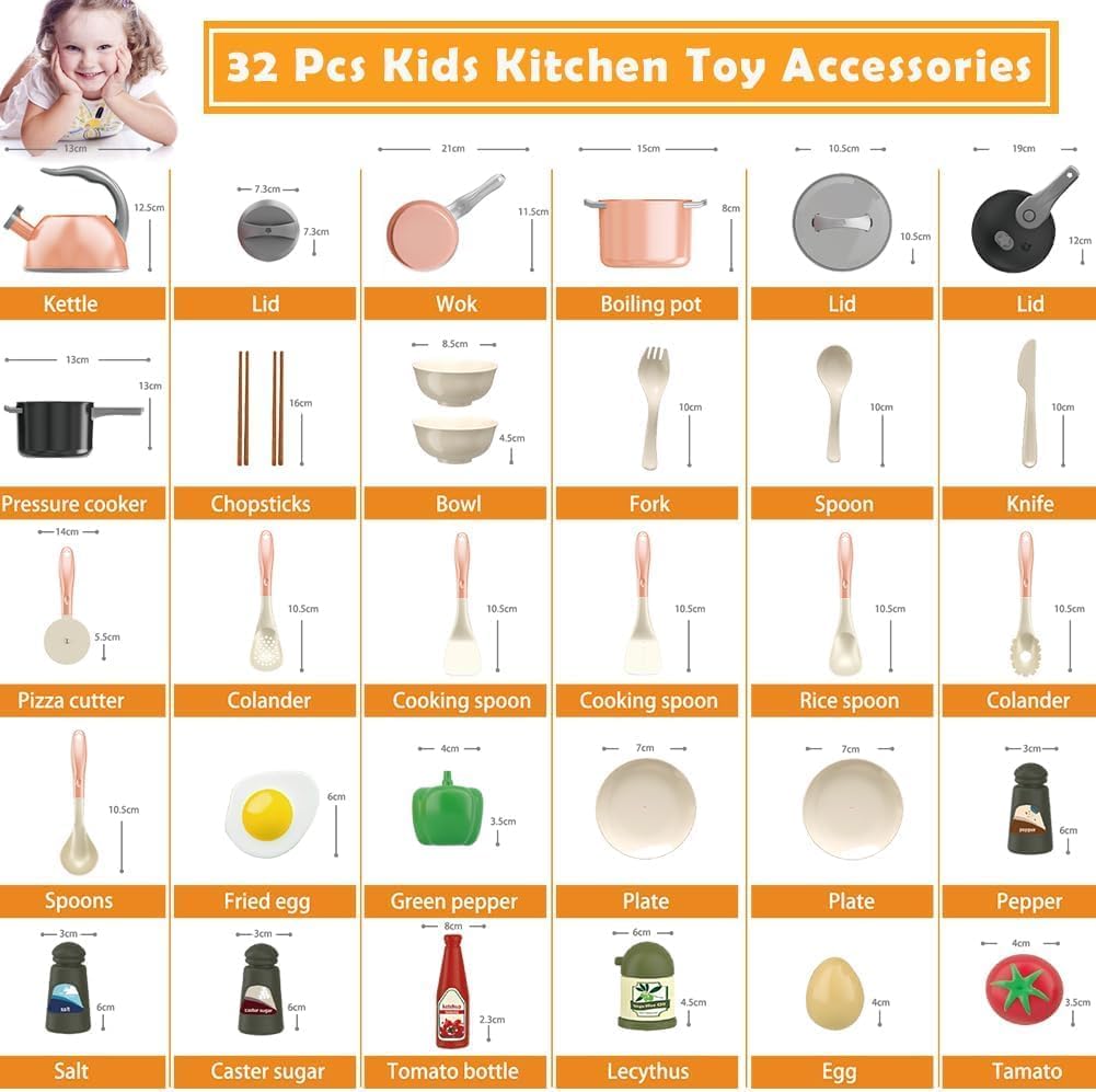 32Pcs Kids Kitchen Toy Accessories, Toddler Pretend Cooking Playset with Play Pots and Pans, Utensils Cookware Toys, Play Food Set, Canned Toy Vegetables,Toddlers Boys Girls Birthday Gift（Pink)
