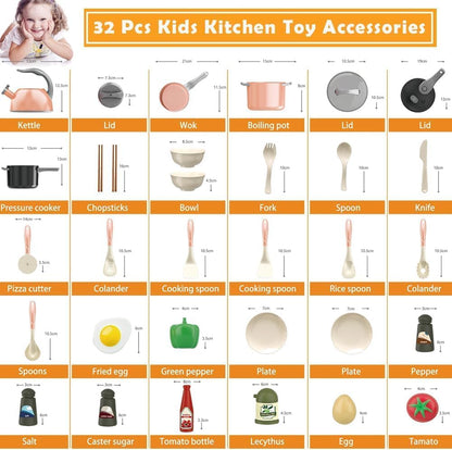 32Pcs Kids Kitchen Toy Accessories, Toddler Pretend Cooking Playset with Play Pots and Pans, Utensils Cookware Toys, Play Food Set, Canned Toy Vegetables,Toddlers Boys Girls Birthday Gift（Pink)