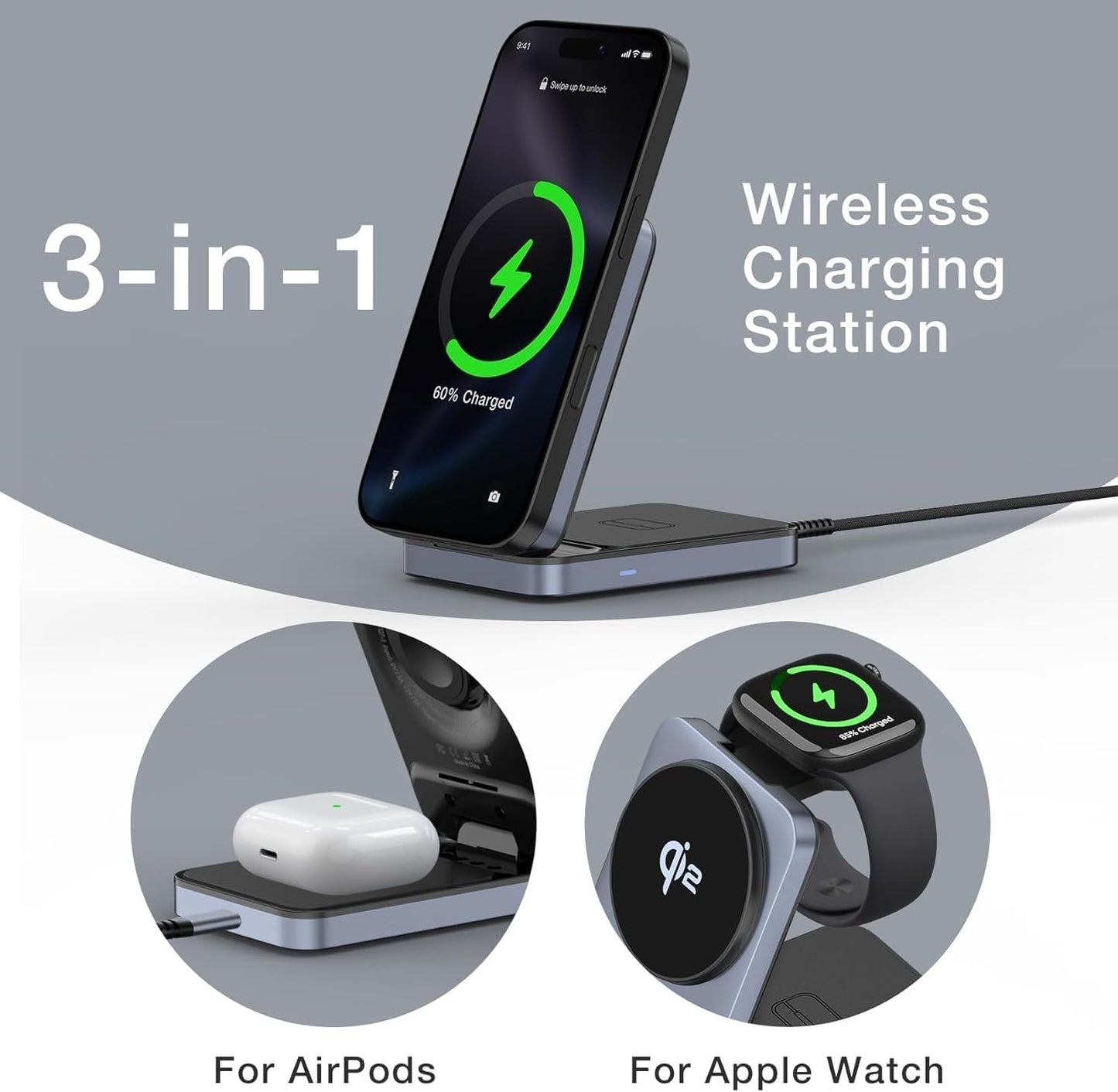 TOUGH ON Qi2 3 in 1 Wireless Charging Station for Apple, Qi2 15W Wireless Charger for iPhone, Compatible MagSafe Wireless Charger Stand for Multiple Devices iPhone 16/15/14/13/12, Apple Watch, AirPods
