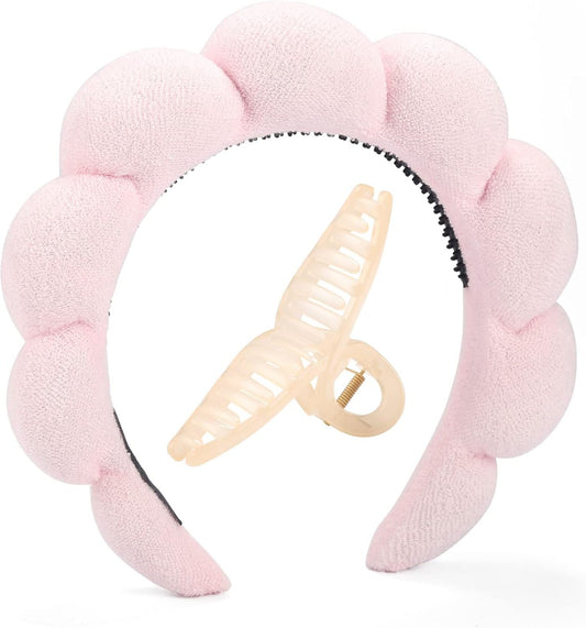 BESTOOL Skin Care Headband for Washing Face,Non-slip Face Wash Headband Sponge Terry Towel Cloth Fabric Bubble Makeup Skincare Headbands for Women Makeup Removal Spa Shower Hair Accessories(Pink)