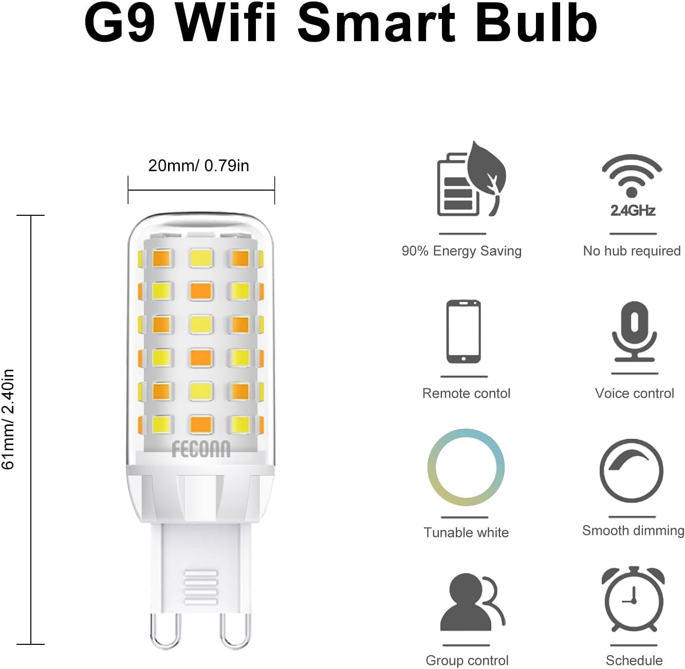 FECONN G9 Smart Bulbs, Warm to Cool White Wi-Fi G9 Smart LED Bulbs, Compatible with Alexa, Google Home and Smart Life App, Dimmable, 3 Pack